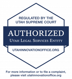 Blue six-sided badge with the words “Regulated by the Utah Supreme Court, AUTHORIZED Utah Legal Services Entity, utahinnovationoffice.org”