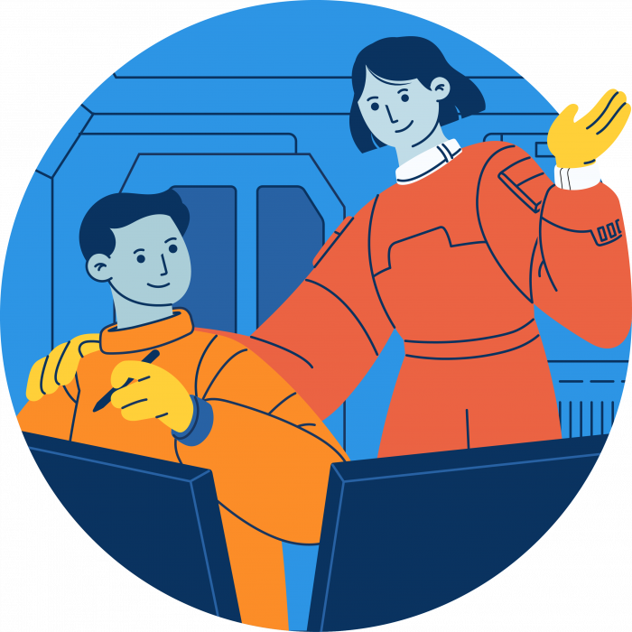 Two humanoid figures in spacesuits smile reassuringly over their space station consoles at each other. Together, they've got this.