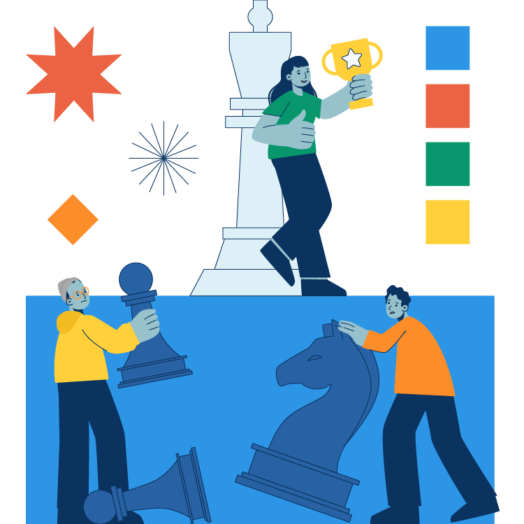 Winner takes the king and the trophy while competitors struggle with pawns and knights.