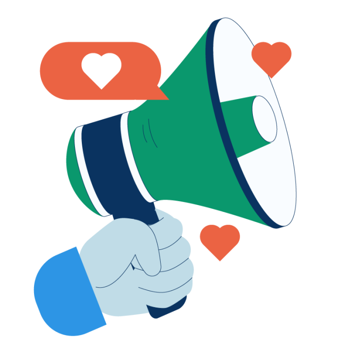 Megaphone in a blue hand surrounded by hearts