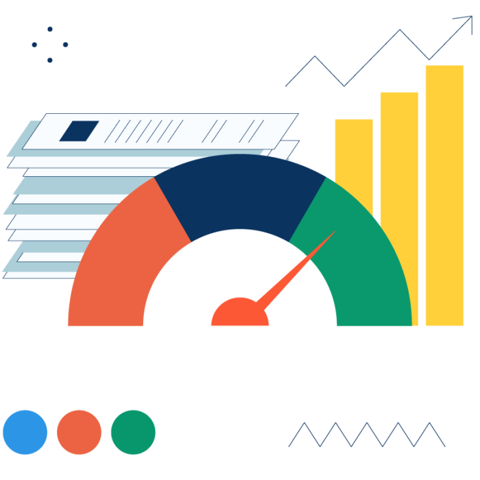 An abstract image of a gauge, a stack of papers, and a graph.